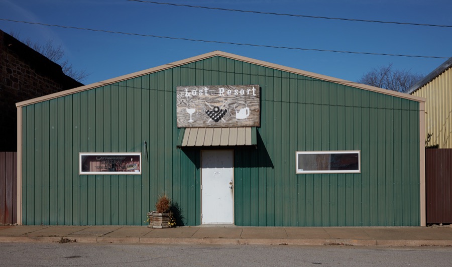 The Last Resort bar, presumably (considering its entry sign) including one or more billiards tables, in Barnsdall, a small city in Osage County, Oklahoma