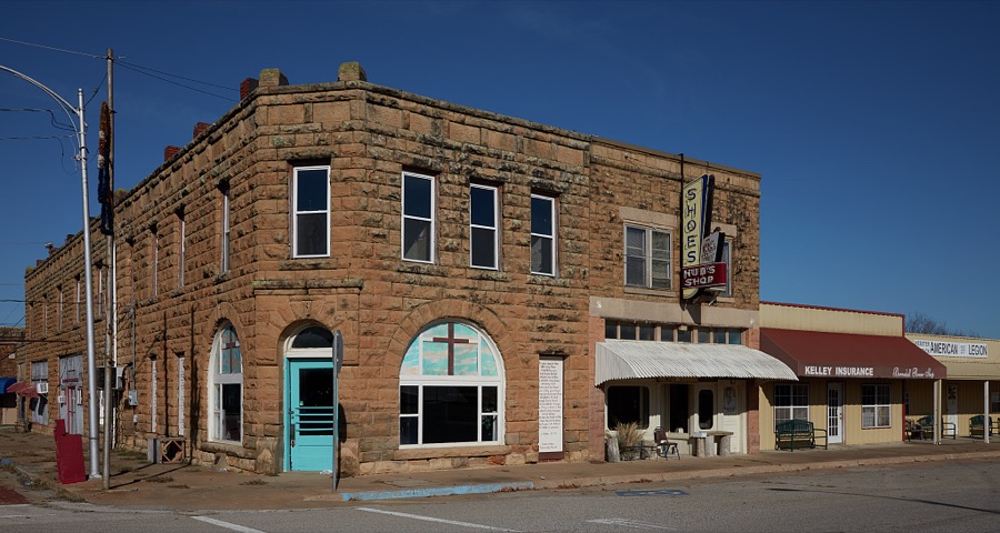 The Cornerstone Community Church, fittingly located in a corner building in Barnsdall, a small city in Osage County, Oklahoma