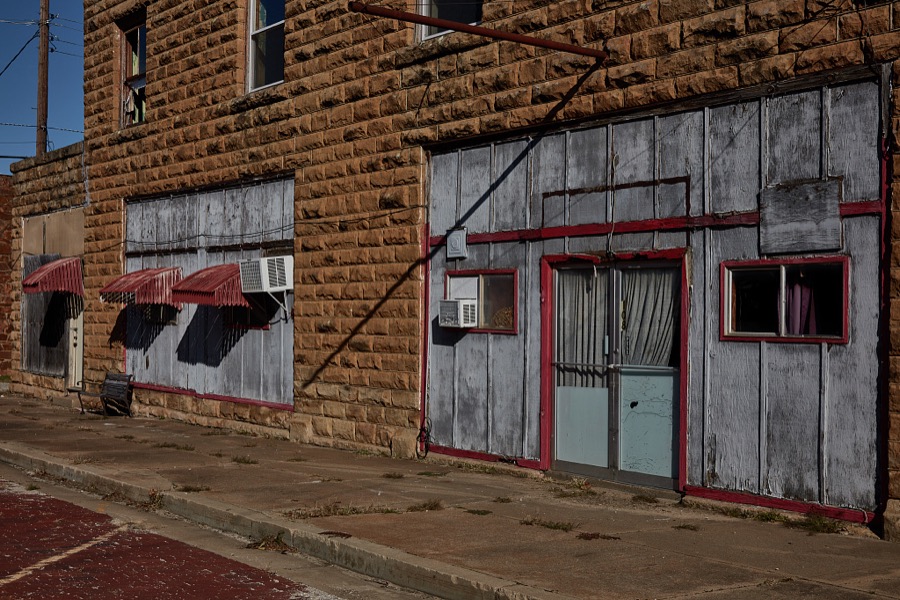 A study in stone and shadows in downtown Barnsdall, a small city in Osage County, Oklahoma