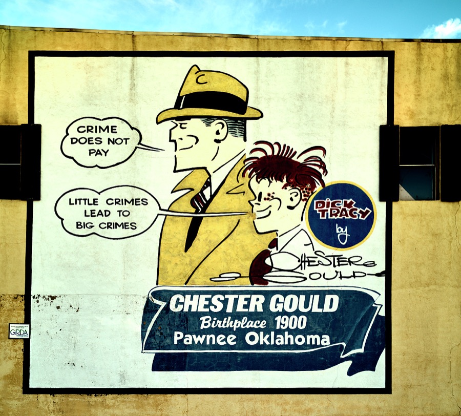 A classic Dick Tracy cartoon on a mural in Pawnee, the seat of Pawnee County, Oklahoma, advertises a smaller museum around Courthouse Square that's devoted to the long-running comic strip and its creator, Chester Gould