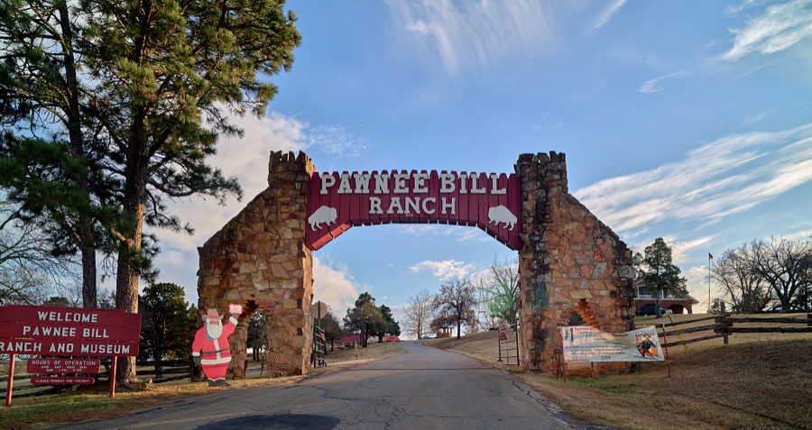 Entrance arch at Christmastime at the Pawnee Bill Ranch and Museum in Pawnee, the seat of Pawnee County, Oklahoma, much of which is also part of the overlapping Pawnee Nation of American Indians