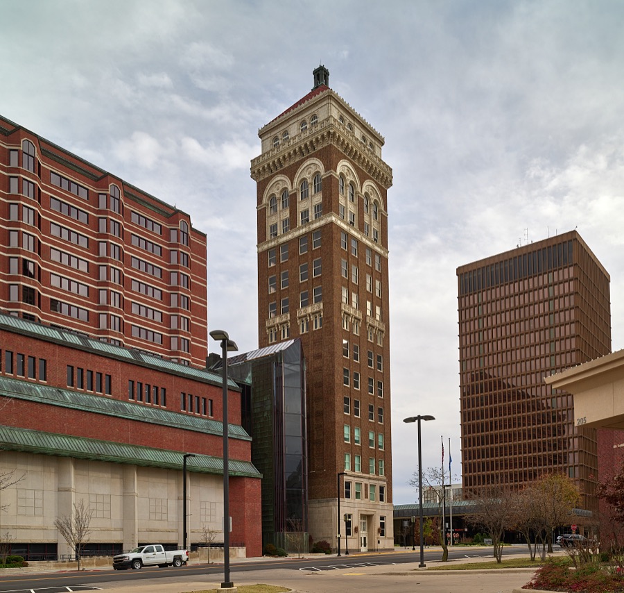 Downtown Bartlesville, Oklahoma commercial buildings, notable among them the fourteen-story Frank Phillips Tower (center), completed in 1930 in Bartlesville, Oklahoma