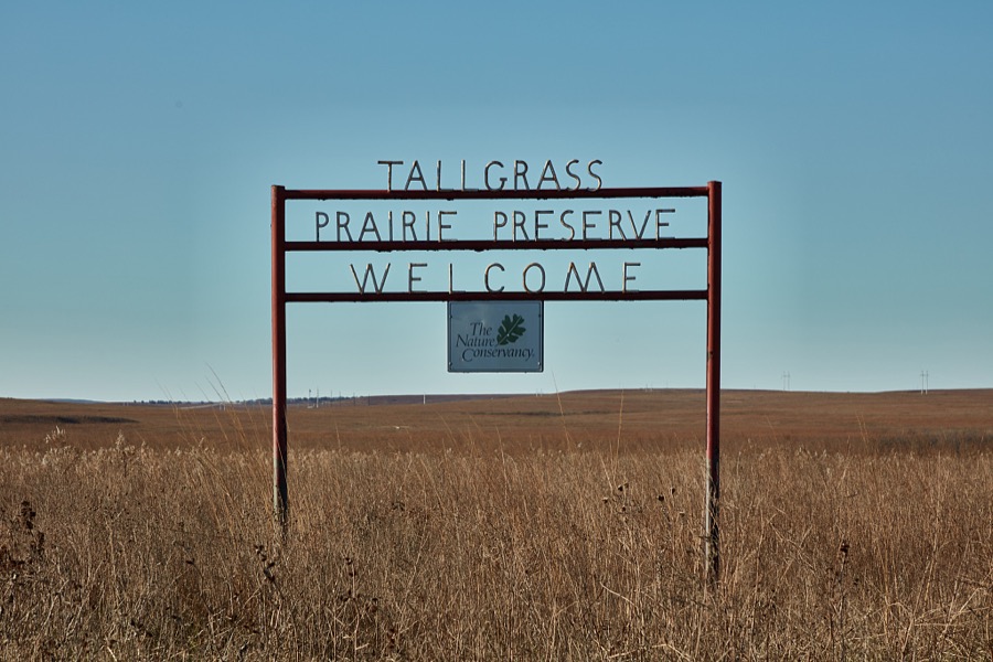 Welcoming sign to the Joseph H. Williams Tallgrass Prairie Preserve, owned and managed by the Nature Conservancy near the town of Foraker, in Osage County, Oklahoma