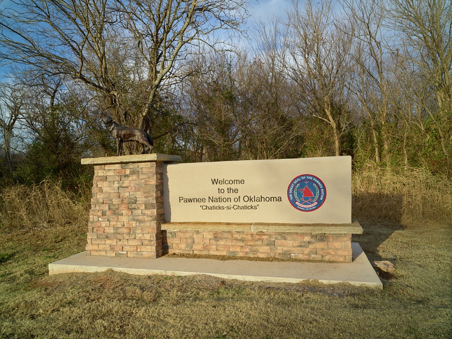 A Pawnee Nation welcome sign near the Pawnee Agency and Pawnee Boarding School, established after the Pawnee tribe came to what is now Oklahoma in 1875 as part of the forcible movement of tribes from eastern lands of what was called the "Indian Nation"
