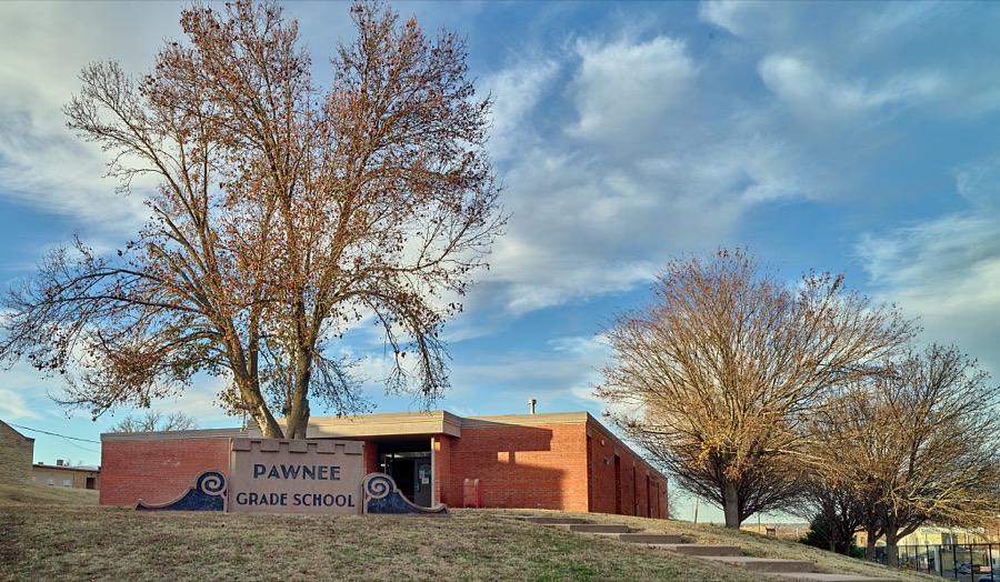 The Pawnee Grade School in Pawnee, the seat of Pawnee County, Oklahoma, much of which is also part of the overlapping Pawnee Nation of American Indians, whose people were among thousands of American Indians forcibly removed from eastern lands and relocated to what was called the "Indian Nation" in the 1800s