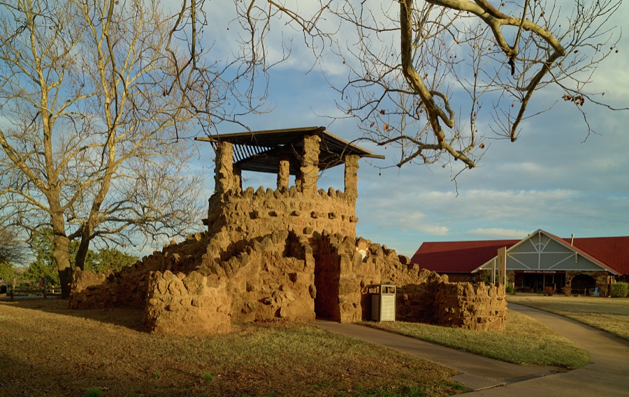 A stone structure from which one gets a good view of the Pawnee Bill Ranch and Museum in Pawnee, the seat of Pawnee County, Oklahoma, much of which is also part of the overlapping Pawnee Nation of American Indians