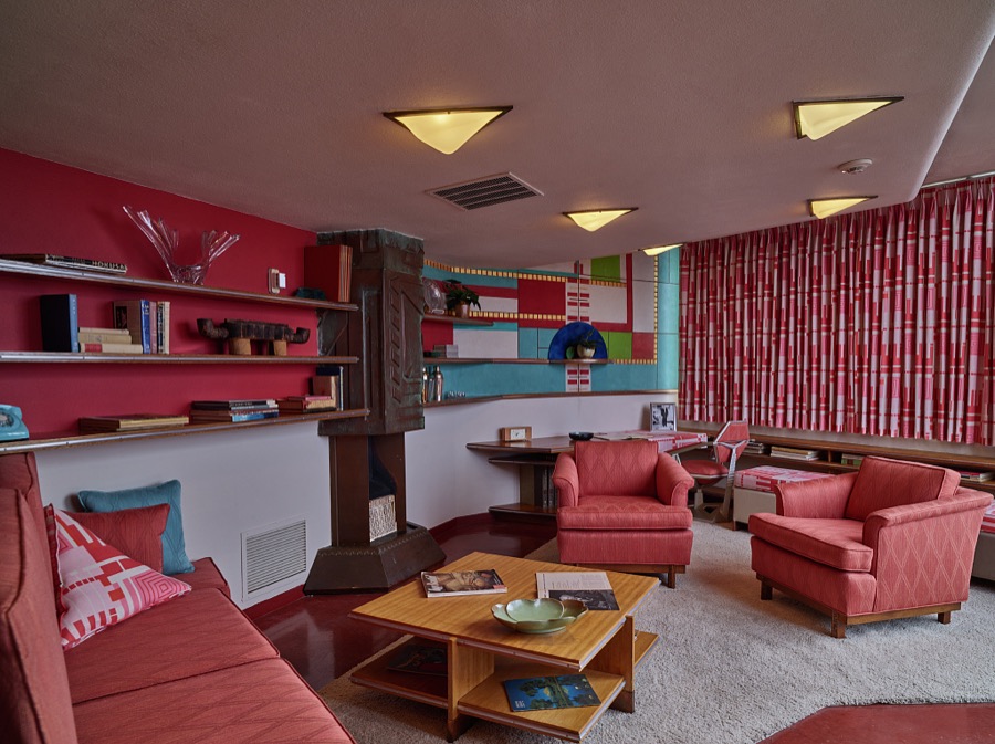 A preserved hotel living space in of the most famous buildings that American architect Frank Lloyd Wright designed, the 19-story Price Tower, completed in 1956 in Bartlesville, Oklahoma