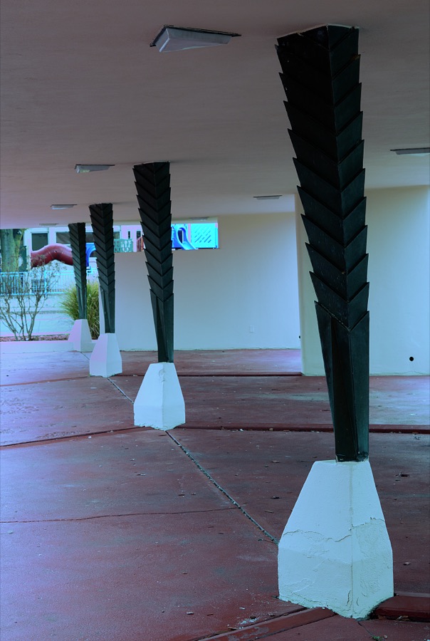 One of hundreds of Art Deco touches, in this case, simple supports for the carport, outside one of the most famous buildings that American architect Frank Lloyd Wright designed, the 19-story Price Tower, completed in 1956 in Bartlesville, Oklahoma