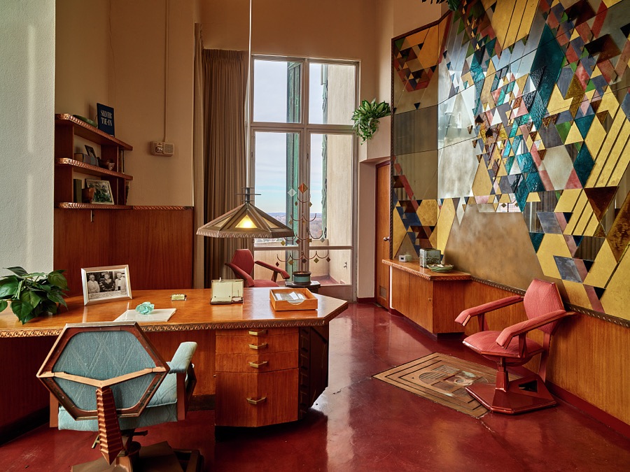 A portion of the office of renowned American architect Frank Lloyd Wright inside one of the most famous buildings that he designed, the 19-story, heavily art-deco styled, Price Tower, completed in 1956 in Bartlesville, Oklahoma