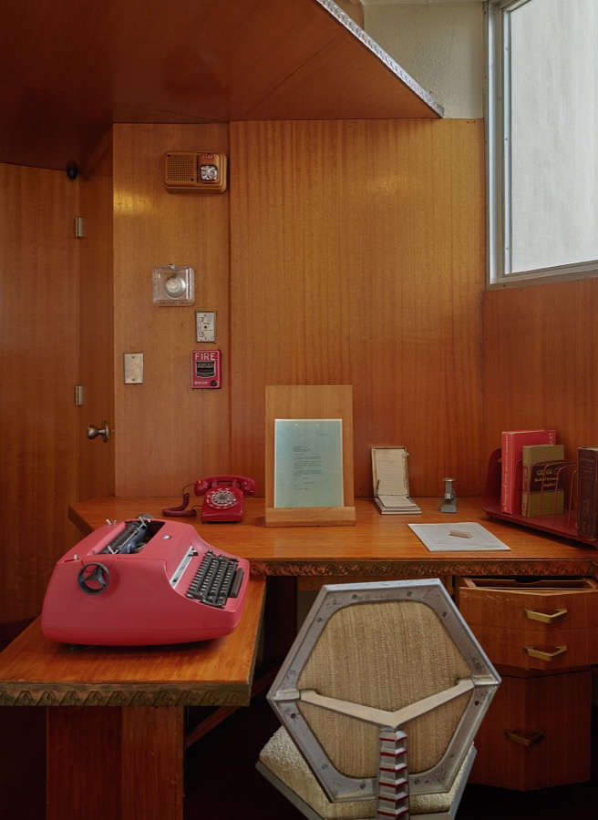The secretary's space outside the office of renowned American architect Frank Lloyd Wright inside one of the most famous buildings that he designed, the 19-story, heavily art-deco styled, Price Tower, completed in 1956 in Bartlesville, Oklahoma