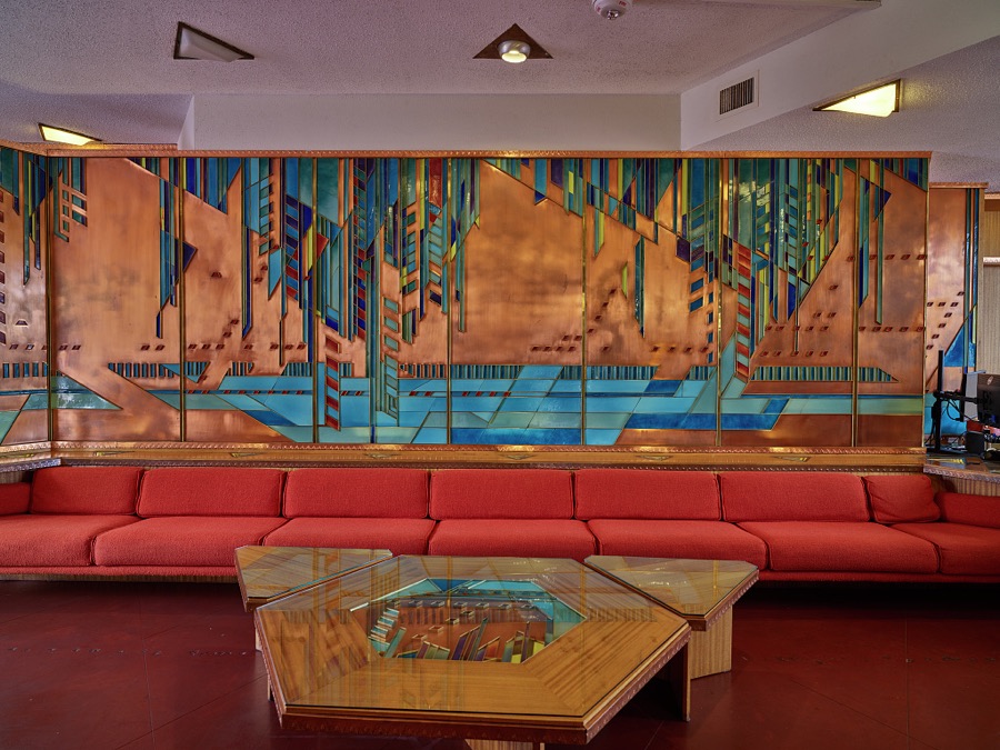 Lobby space at one of the most famous buildings that renowned architect Frank Lloyd Wright designed, the 19-story, heavily art-deco styled, Price Tower, completed in 1956 in Bartlesville, Oklahoma