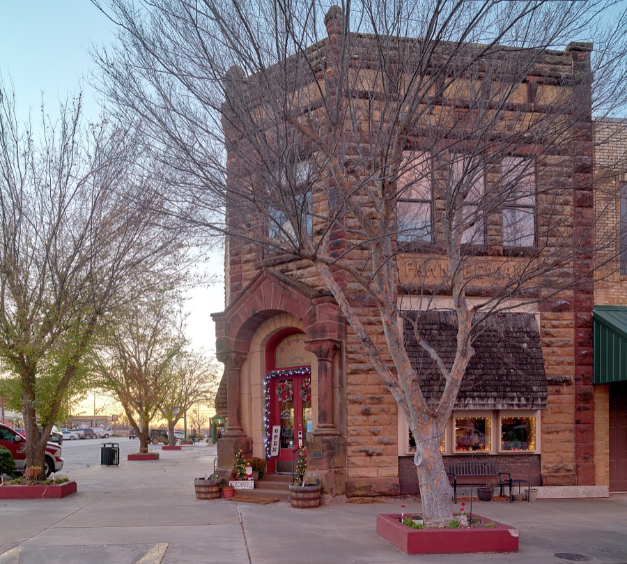 Modest Christmas decorations accent the Pawnee Bank building in Pawnee, the seat of Pawnee County, Oklahoma