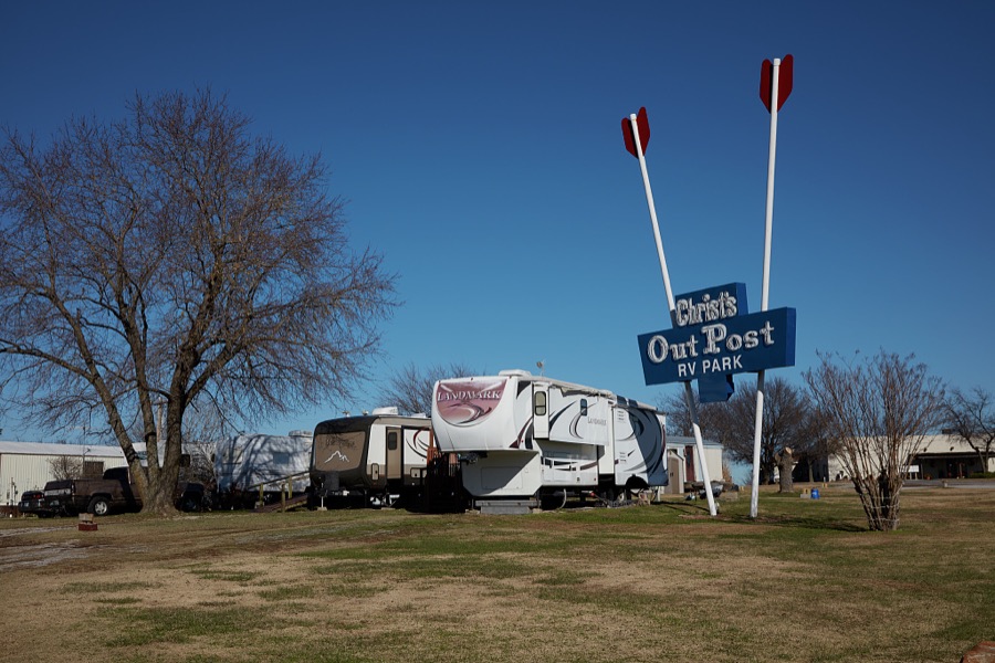 Entrance to the Christ's Outpost RV (recreational vehicle) Park in Claremore, Oklahoma