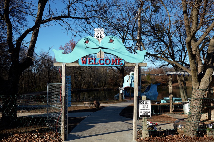 Kissing whales welcome visitors to the smiling Blue Whale of Catoosa roadside attraction in the small Oklahoma city of the same name