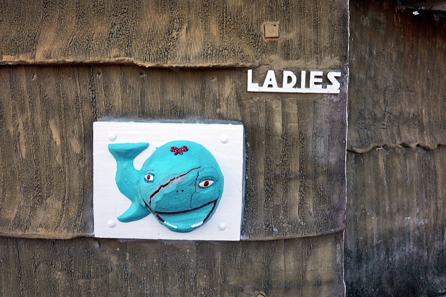 More of a guppy than a mammoth marine mammal adorns the ladies' room entrance at the Blue Whale of Catoosa roadside attraction in the small Oklahoma city of the same name