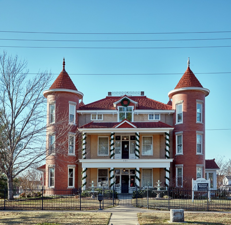 The Belvidere Mansion, decorated for Christmas, in Claremore, Oklahoma