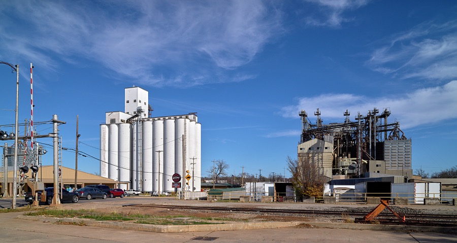 A massive grain elevator on the edge of Stillwater, a key agricultural center in Oklahoma