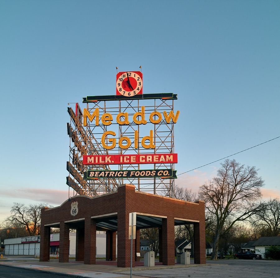 A vintage (1934) sign advertising Meadow Gold ice cream has become a landmark along the stretch of historic U.S. Route 66, the old "Mother Road"  between Chicago, Illinois, and Santa Monica, California, that winds through Tulsa, Oklahoma