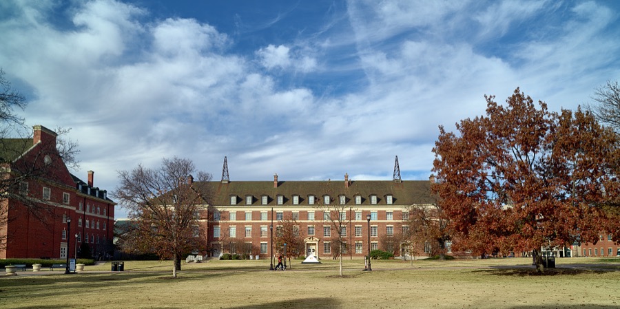 The School of Civil & Environmental Building (note the oil derricks on the roof) at Oklahoma State University in Stillwater, a key agricultural center in Oklahoma