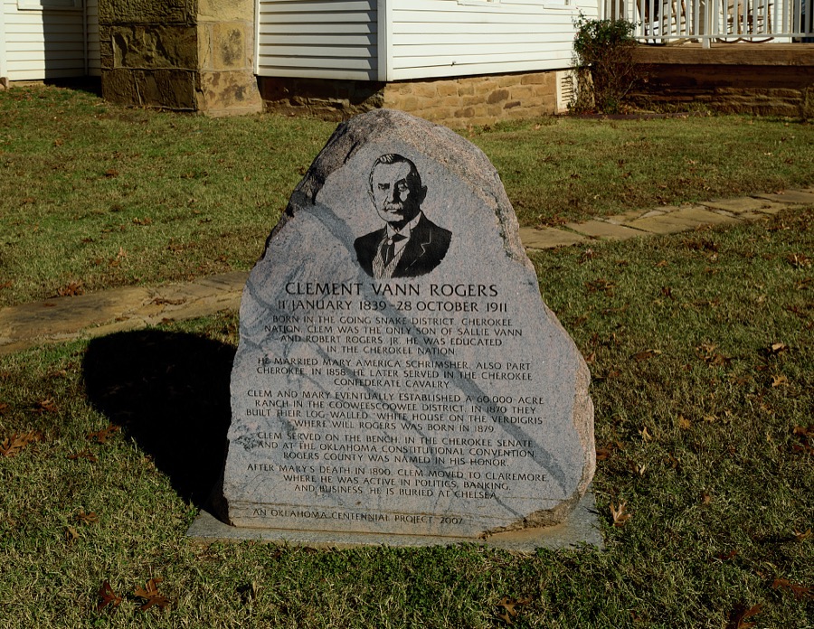 Stone and inscription recalling the life of Clement Rogers at the Will Rogers Birth Home site, near Oologah, Oklahoma