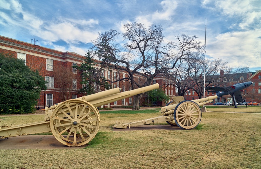 Very old cannons outside the Military Sciences and ROTC (Reserve Officers Training Corps) building at Oklahoma State University in Stillwater, a key agricultural center in Oklahoma