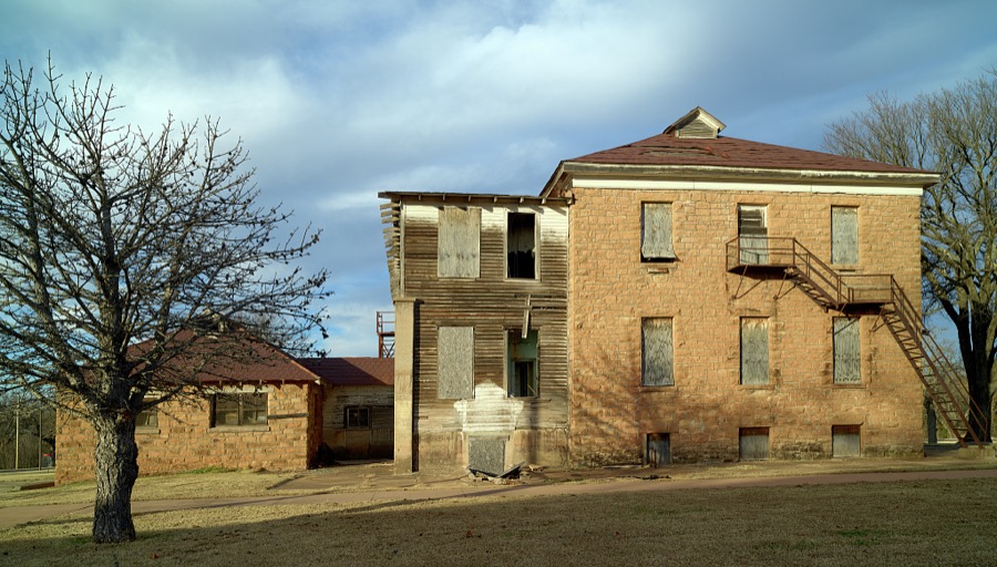 Two of the remaining buildings of the Pawnee Agency and Pawnee Boarding School, established after the Pawnee tribe came to what is now Oklahoma in 1875 as part of the forcible movement of tribes from eastern lands to what was called the "Indian Nation"