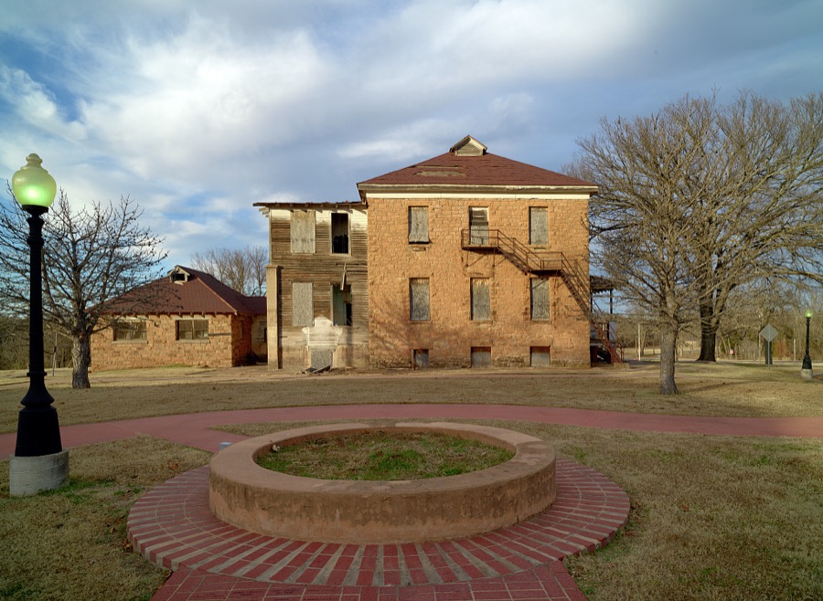 Two of the remaining buildings of the Pawnee Agency and Pawnee Boarding School, established after the Pawnee tribe came to what is now Oklahoma in 1875 as part of the forcible movement of tribes from eastern lands to what was called the "Indian Nation"