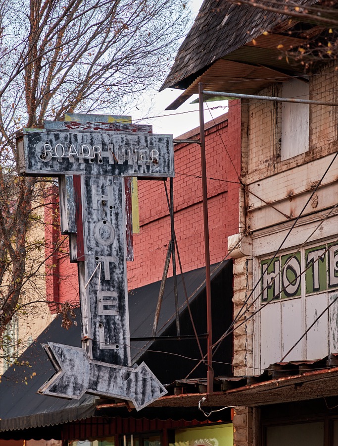 It takes some intense squinting (or perhaps scrubbing) to discern the name of this long-closed hotel in Pawnee, a small city in north-central Oklahoma