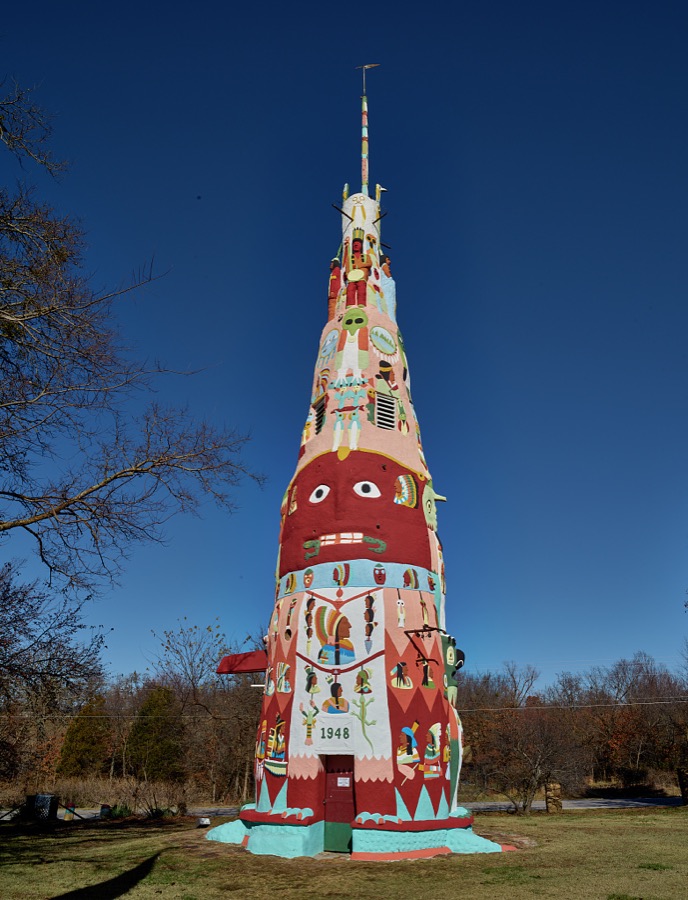 The decorated gift shop and museum at Ed Galloway's Totem Pole Park in the remote crossroads of Foyil in northeast Oklahoma