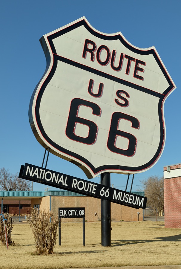 This sign introduces the National Route 66 Museum in Elk City, Oklahoma, along the historic "Mother Road" that ran (and still does in limited sections) from Chicago, Illinois, to Santa Monica, California