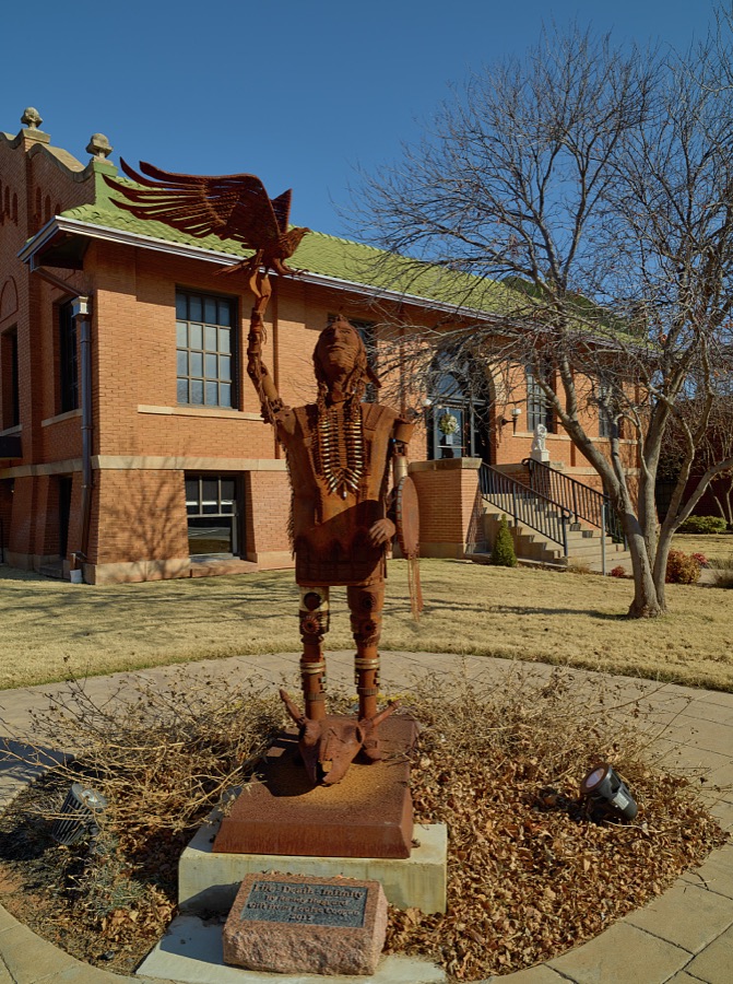 Randy Haggard's 2017 "Life-Death-Infinity" metal sculpture outside the Carnegie Library in the western Oklahoma community of Elk City