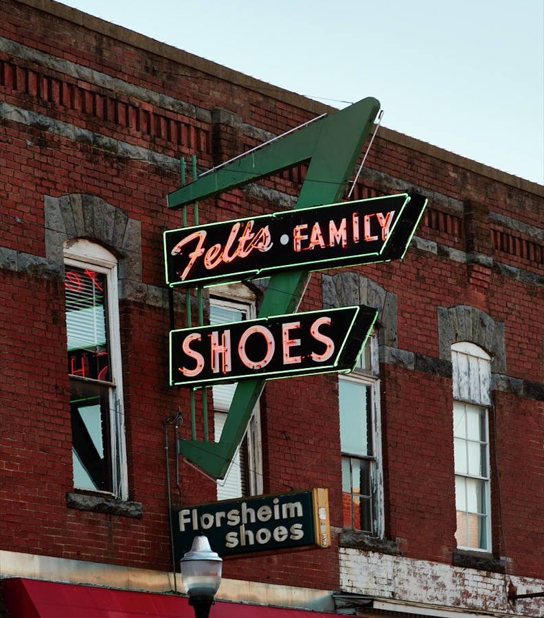 Shoe store sign in downtown Tahlequah, Oklahoma, which was the capital of the Cherokee Nation established in the 19th Century after the forcible relocation to what was then "Indian Territory" from their original homelands in eastern U.S. states