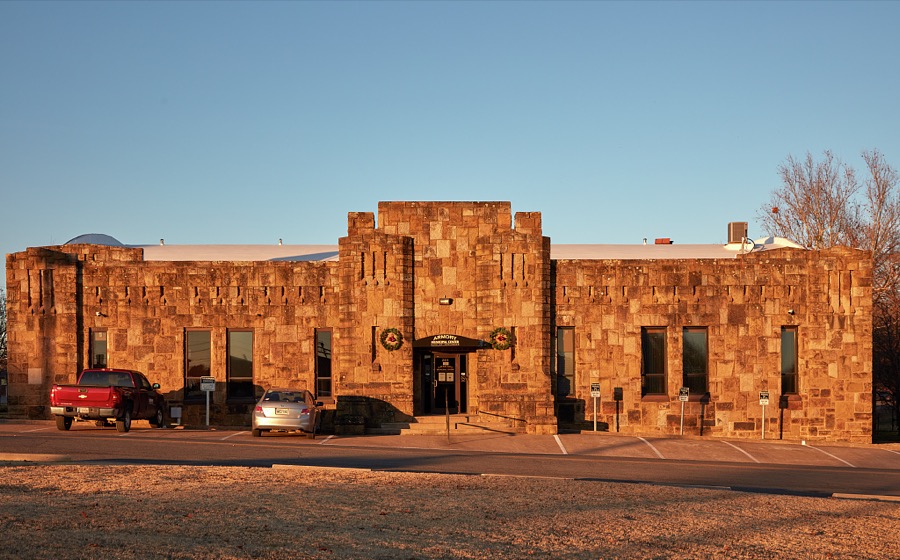 The city armory and municipal center in Tahlequah, Oklahoma, which was the capital of the Cherokee Nation established in the 19th Century after the forcible relocation to what was then "Indian Territory" from their original homelands in eastern U.S. states