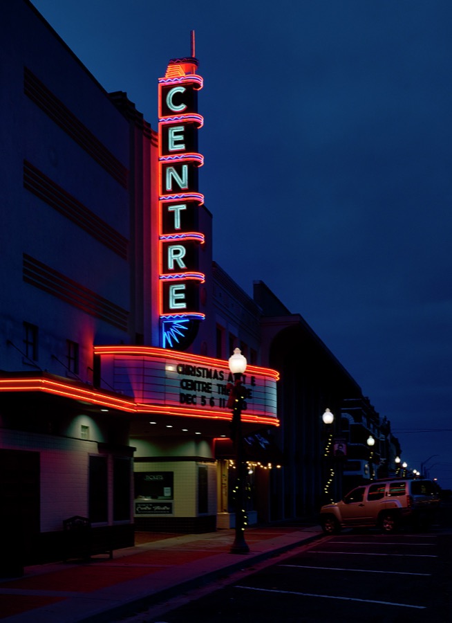 The illuminated marquee of the Centre Theatre in El Reno, Oklahoma