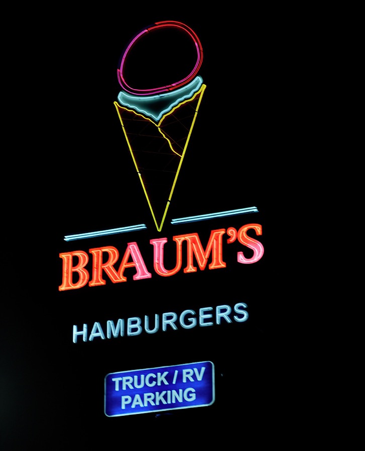 This illuminated sign advertises the Braum's ice-cream and hamburger shop in Yukon Oklahoma