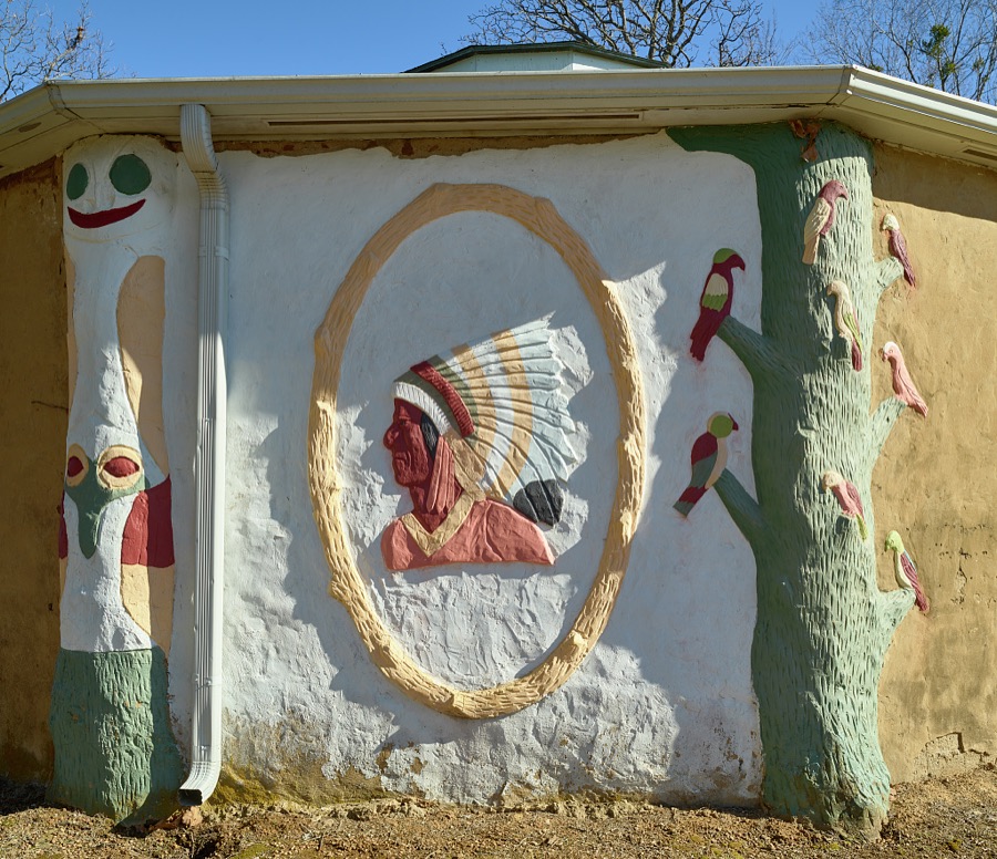 The decorated gift shop and museum at Ed Galloway's Totem Pole Park in the remote crossroads of Foyil in northeast Oklahoma