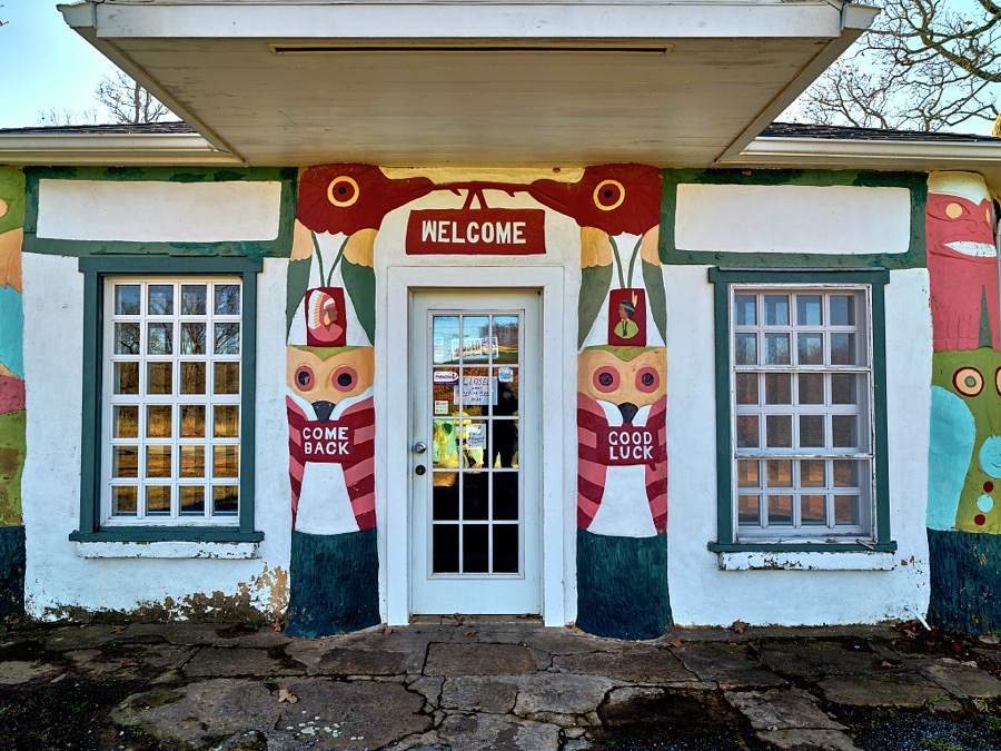 The decorated gift shop and museum at Ed Galloway's Totem Pole Park in the remote crossroads of Foyil in northeast Oklahoma