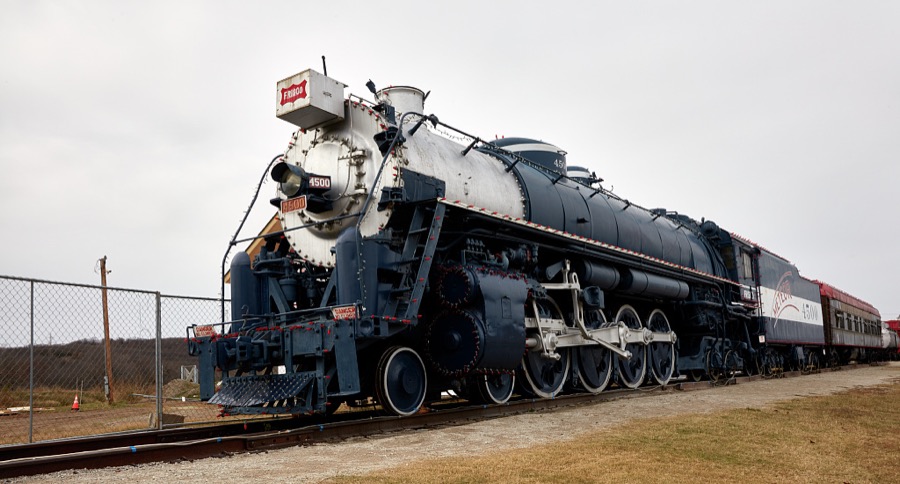 A Frisco line Meteor steam locomotive displayed at the Route 66 Historical Village, a nostalgic park along historic U.S. Route 66 as it winds through Tulsa, Oklahoma