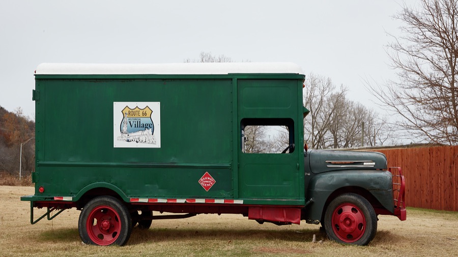 A vintage Railway Express truck at the Route 66 Historical Village, a nostalgic park along historic U.S. Route 66 as it winds through Tulsa, Oklahoma