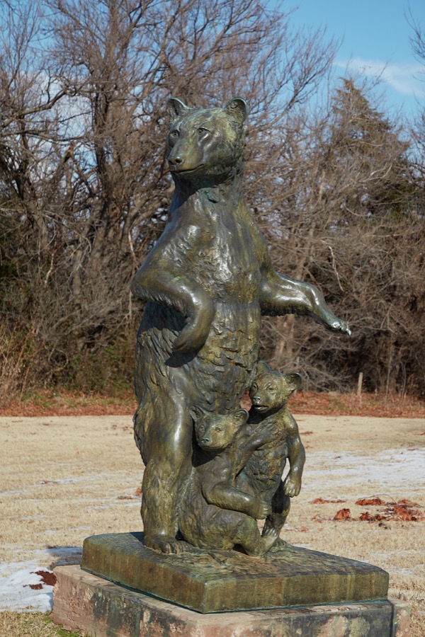 A sculpture of a bear sow and her cubs on the grounds of the National Hall of Fame for Famous American Indians in Anadarko, a small city in southwest Oklahoma that includes the headquarters of the Apache Tribe of Oklahoma