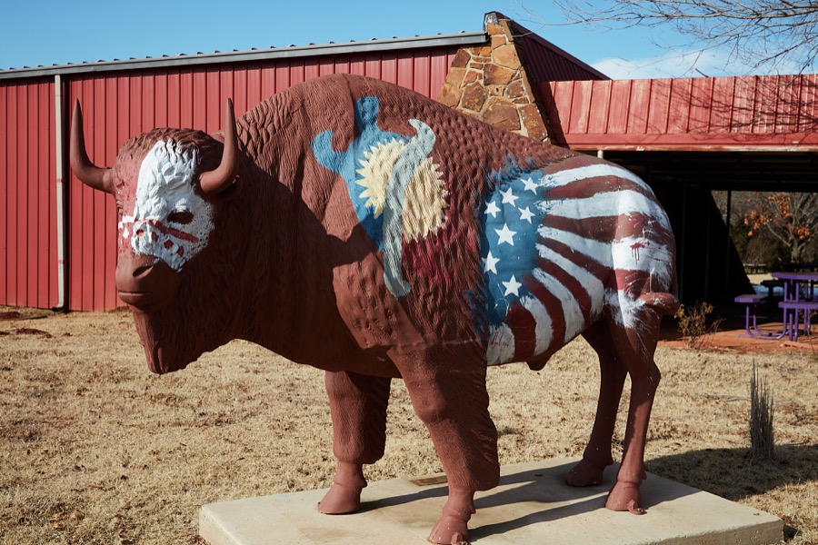 A decorated buffalo (or American bison) sculpture on the grounds of the National Hall of Fame for Famous American Indians in Anadarko, a small city in southwest Oklahoma that includes the headquarters of the Apache Tribe of Oklahoma