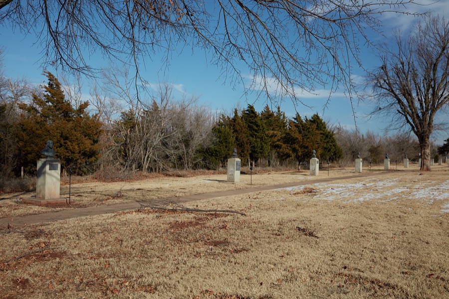 Long view of honorees' busts on the grounds of the National Hall of Fame for Famous American Indians in Anadarko, a small city in southwest Oklahoma that includes the headquarters of the Apache Tribe of Oklahoma