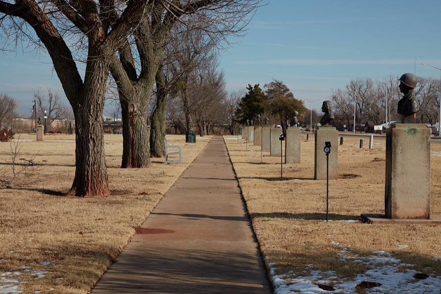 Row of honorees' busts on the grounds of the National Hall of Fame for Famous American Indians in Anadarko, a small city in southwest Oklahoma that includes the headquarters of the Apache Tribe of Oklahoma