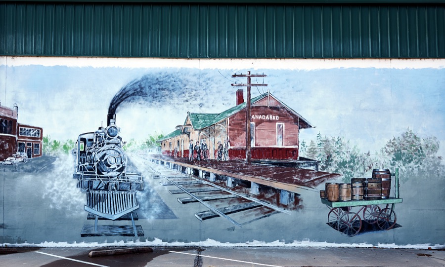 One of three panels on a local historical museum in Anadarko, a small city in southwest Oklahoma that (as of 2020) has been struggling with dropping population, increasing unemployment and a downturned local economy