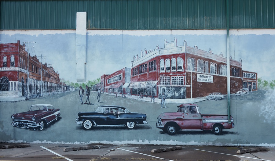 One of three panels on a local historical museum in Anadarko, a small city in southwest Oklahoma that (as of 2020) has been struggling with dropping population, increasing unemployment and a downturned local economy