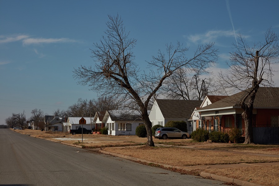 The first residential block beyond the small downtown in Anadarko, a city in southwest Oklahoma that (as of 2020) has been struggling with dropping population, increasing unemployment and a downturned local economy