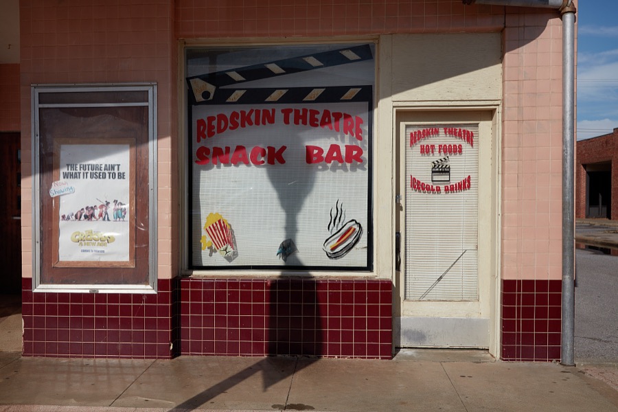 A corner of the Redskin Theatre in Anadarko, a small city in southwest Oklahoma that is the home of the Apache Tribe