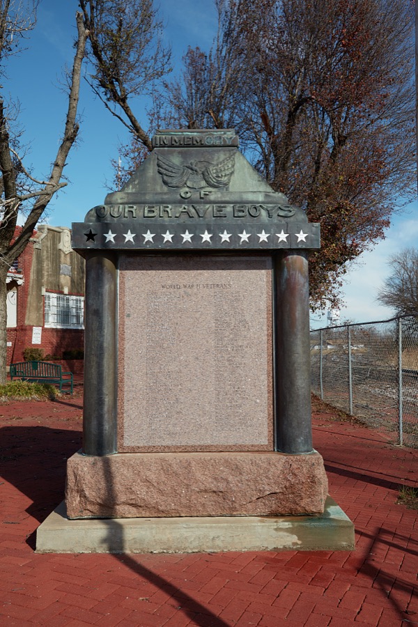 A World War II memorial, including a listing of "our brave boys" in the area who fought in that war, in Anadarko, a small city in southwest Oklahoma that (as of 2020) has been struggling with dropping population, increasing unemployment and a downturned local economy