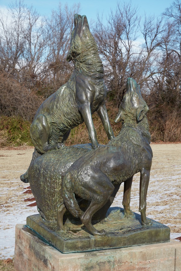 A sculpture of howling wolves on the grounds of the National Hall of Fame for Famous American Indians in Anadarko, a small city in southwest Oklahoma that includes the headquarters of the Apache Tribe of Oklahoma