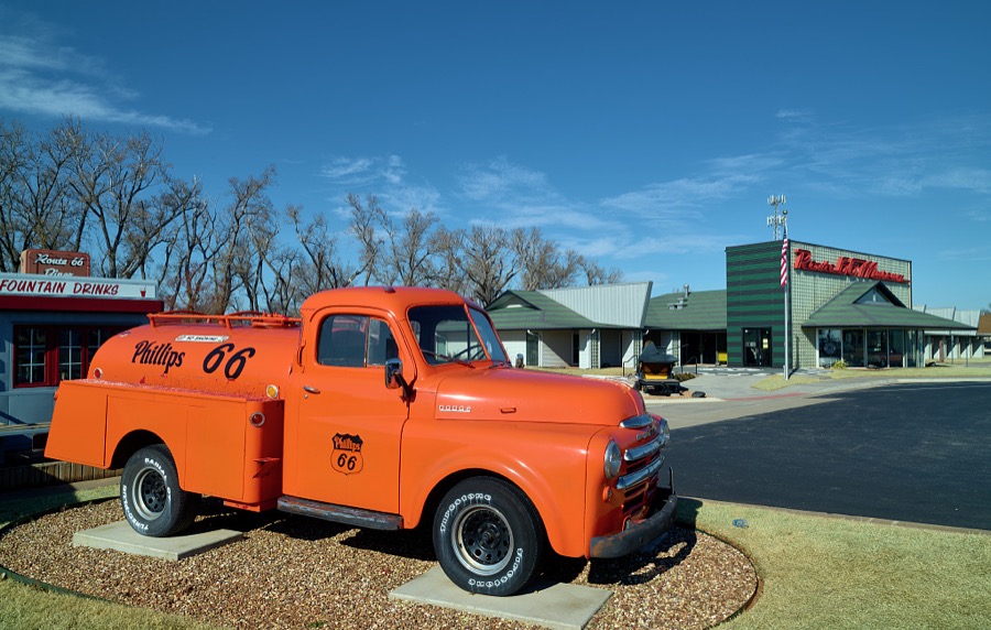 A vintage Phillips 66-branded fire truck outside the Route 66 Museum, operated by the Oklahoma Historical Society, on a stretch of the old Chicago-to-Santa Monica U.S. Highway 66 as it runs through Clinton, Oklahoma